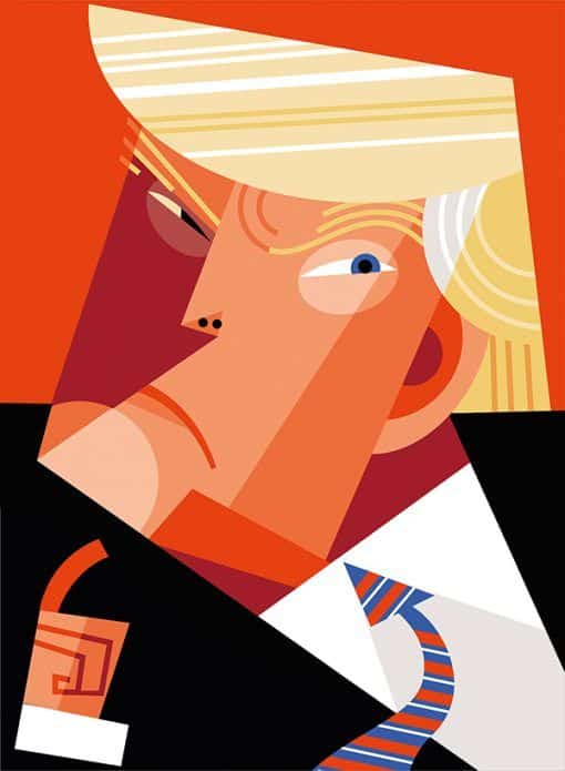Abstract geometric illustration of a person with a serious expression, featuring bold colors and angular shapes.