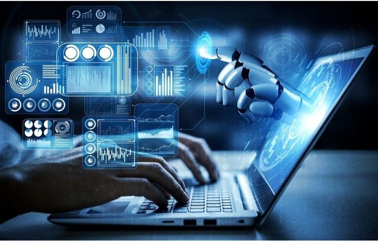 Futuristic technology concept with human and robotic hands interacting on laptop, digital data holograms displayed.