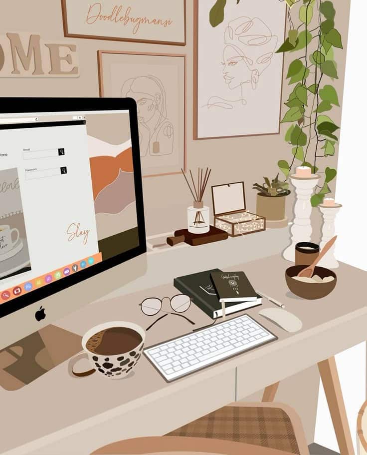 Illustrated cozy workspace with computer, coffee, books, and art, surrounded by plants and candles.