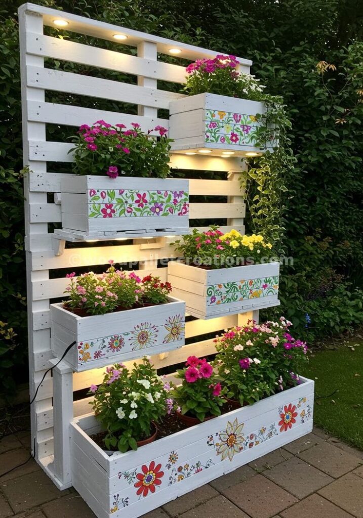 Vertical garden on white pallet with colorful flower boxes, illuminated at night in a lush backyard setting.