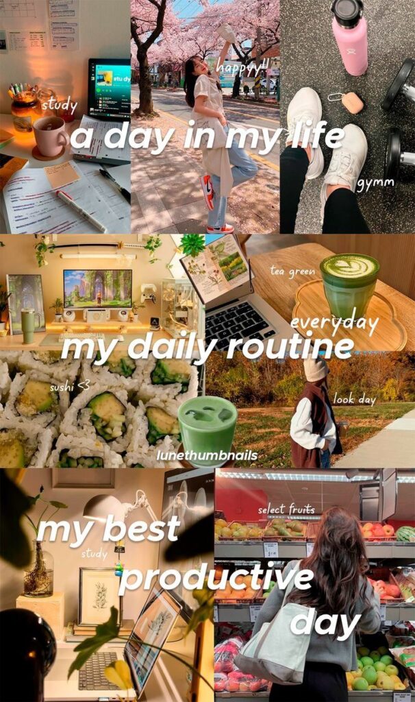 Collage of daily routine: studying, walking under cherry blossoms, gym, green tea, sushi, and grocery shopping.