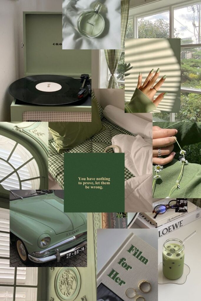 Aesthetic green collage featuring a record player, perfume, vintage car, and inspirational quote.