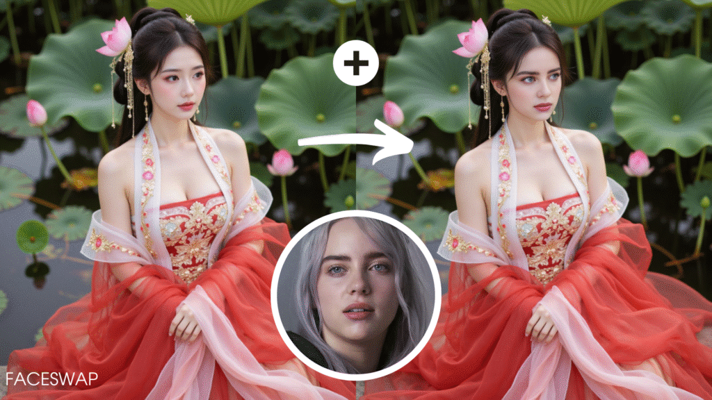 A beautiful woman in traditional attire with a lotus flower background, image featuring a face swap effect.