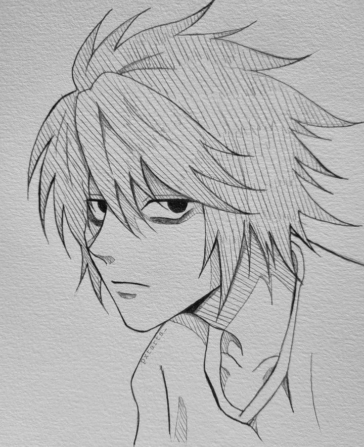 Black and white anime sketch of a character with spiky hair, looking sideways.