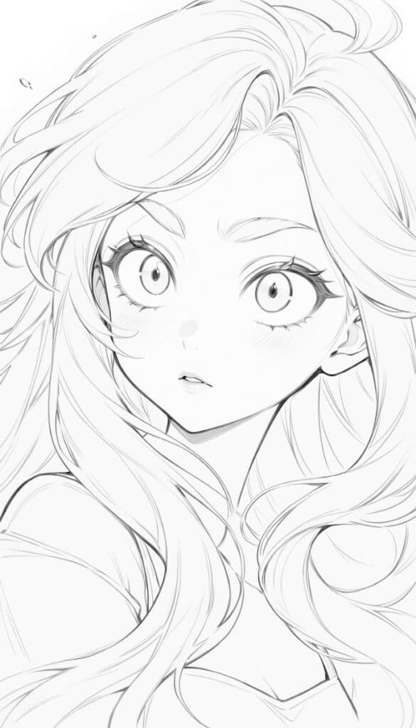 Anime character sketch with wide eyes and flowing hair, conveying surprise or curiosity in black and white line art.