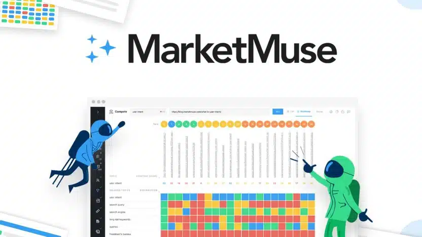 MarketMuse logo with data visualization and two illustrated figures interacting with a colorful grid chart.