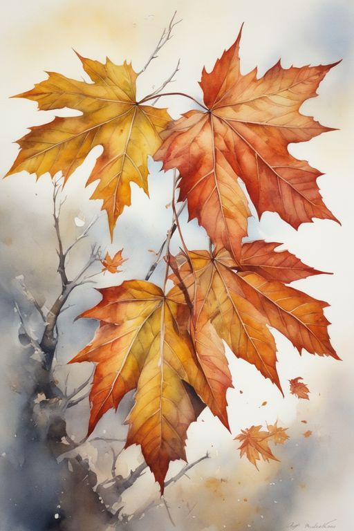 Watercolor painting of vibrant autumn maple leaves on a branch, showcasing red and orange hues against a soft background.