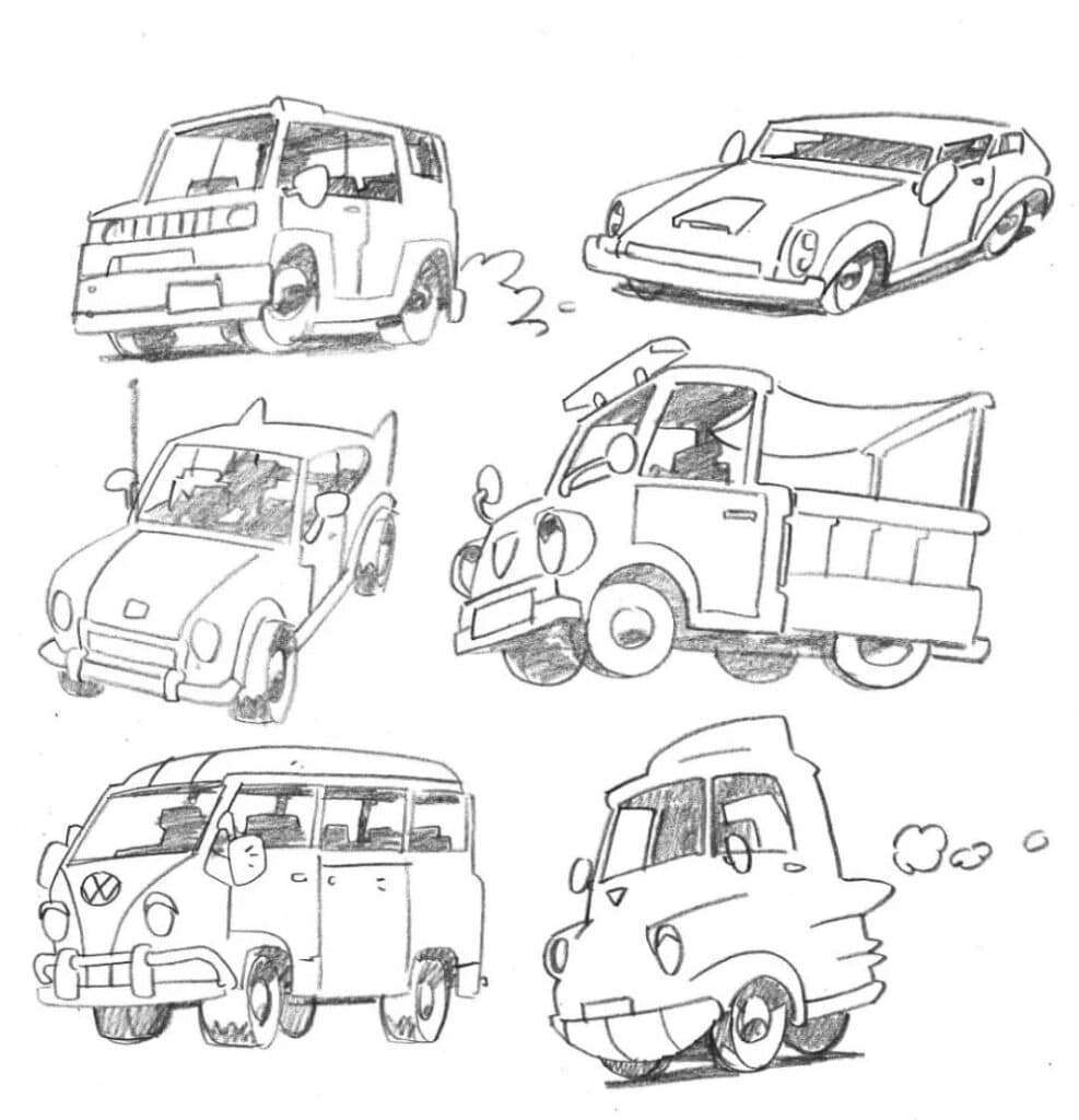 Illustrated vintage cars and trucks in a playful sketch style, showing various shapes and designs.