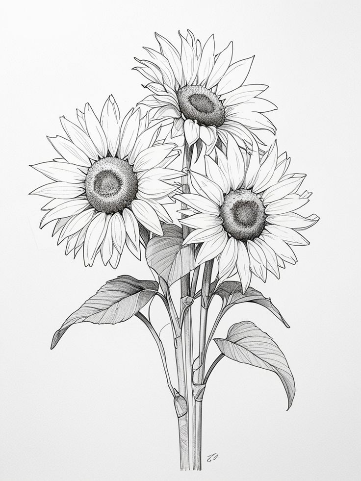 Black and white sketch of three sunflowers with detailed petals and leaves, showcasing nature's intricate beauty.