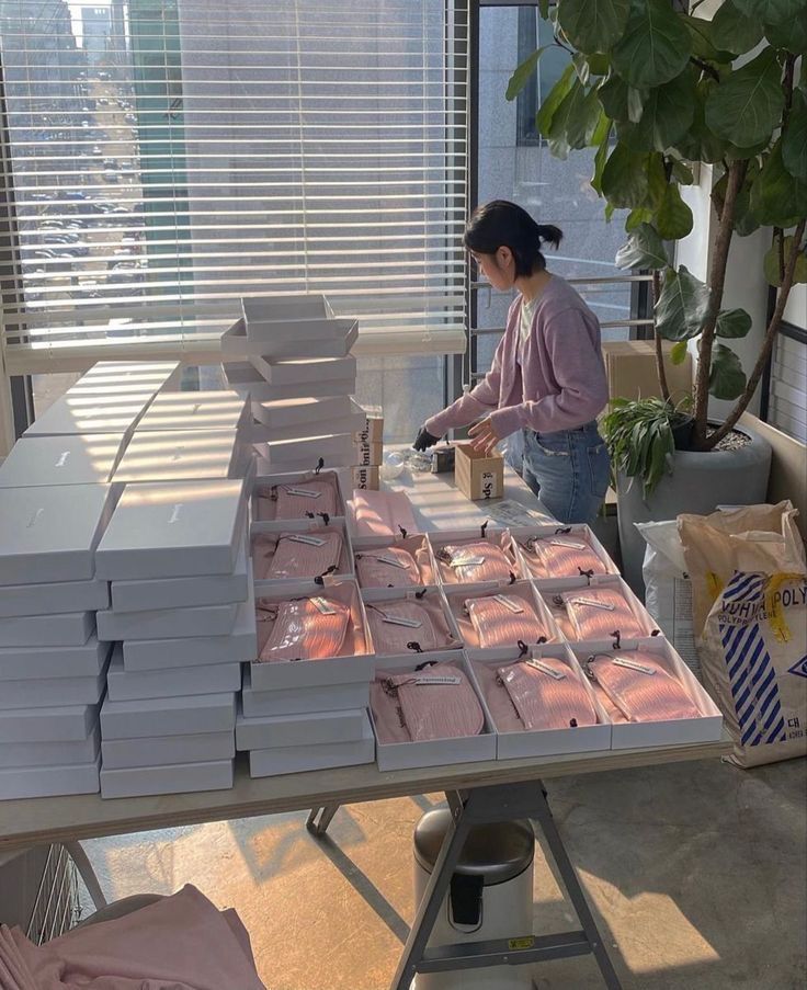 b30a5efe-cf23-40eb-a5e7-3e3baf6479e8 Person packing pink clothing into boxes near window with green plant, under sunlight. | Sky Rye Design Person packing pink clothing into boxes near window with green plant, under sunlight.
