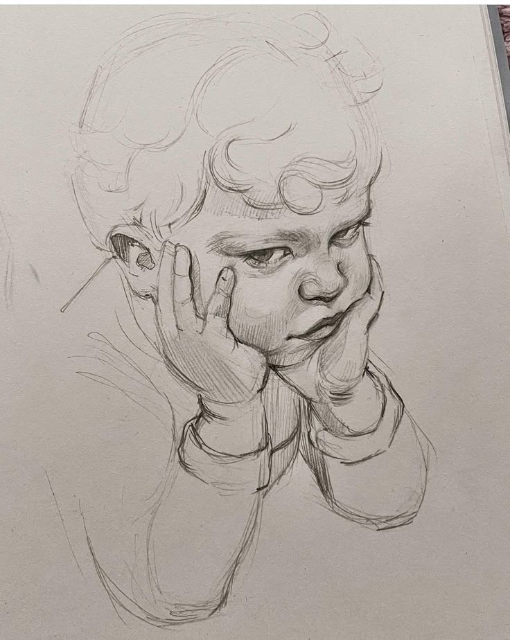 Pencil sketch of a pensive child resting their head on their hands, showcasing detailed shading and expression.