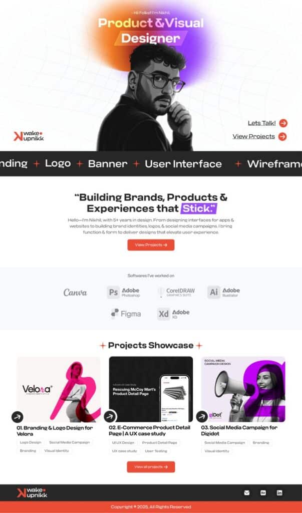 Website of a product and visual designer showcasing branding, UI, and design projects with call-to-action buttons.