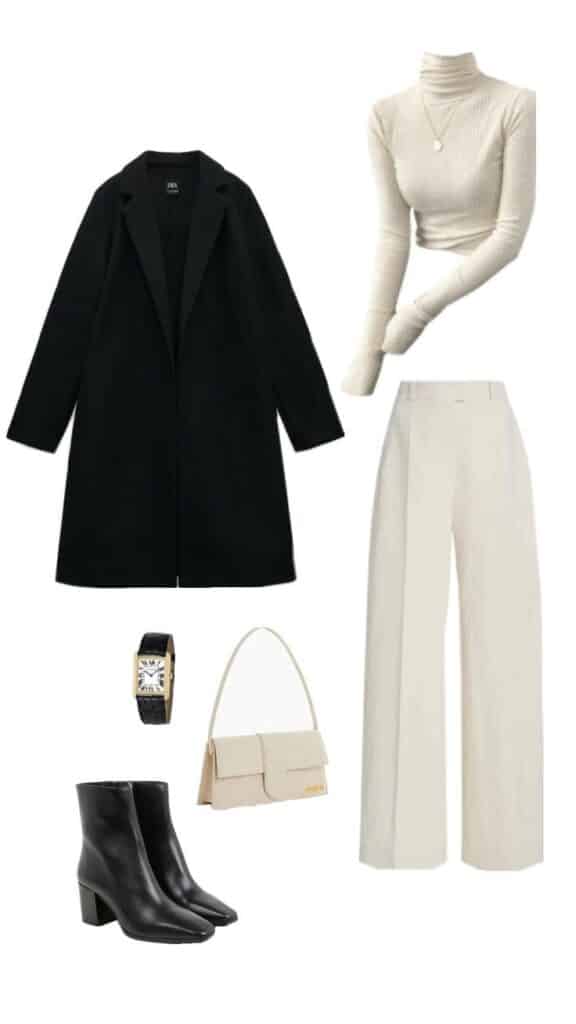 Women's chic winter outfit with black coat, beige turtleneck, wide-leg pants, boots, handbag, and stylish watch.