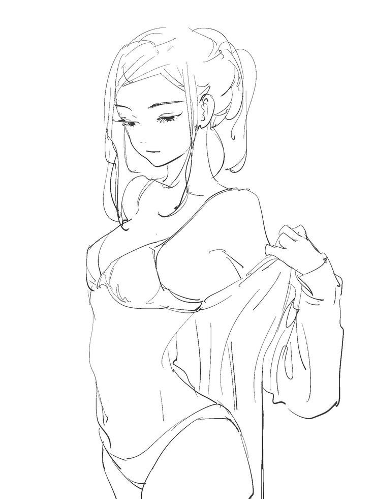 Anime-style sketch of a woman in lingerie, adjusting a shirt, with a serene expression.