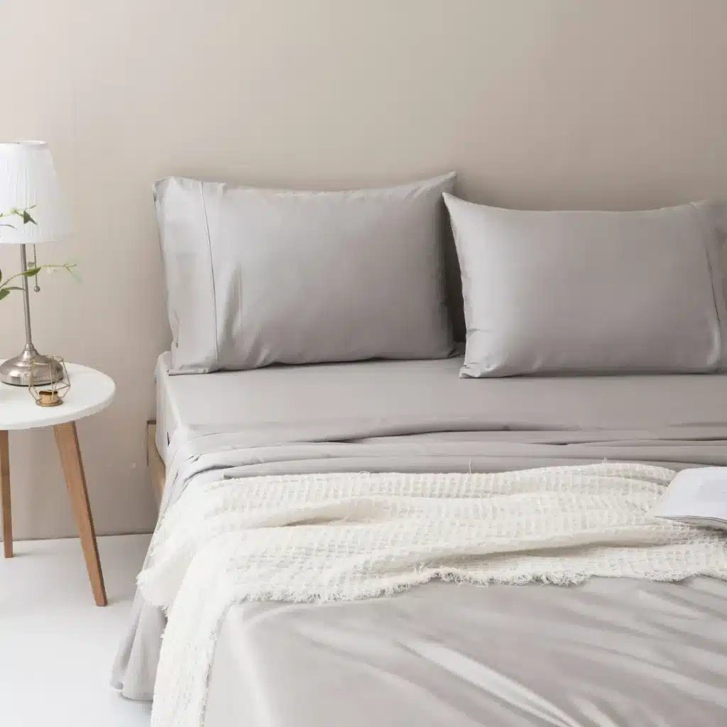 Modern bedroom with gray sheets, pillows, a cozy white throw, and a bedside table with lamp and plant for a minimalist look.