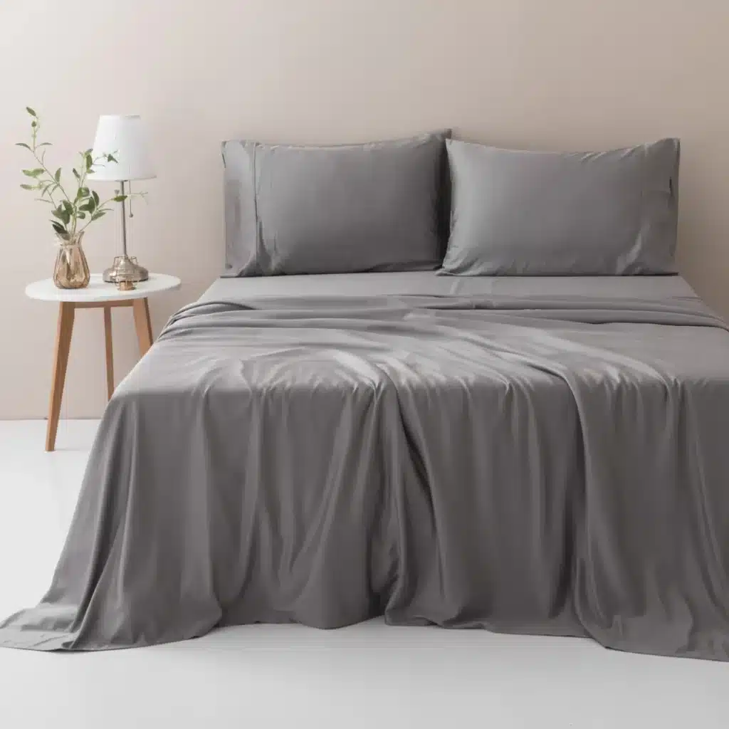 Luxury silk bed sheets in gray with two pillows, stylish room decor with lampshade and plant on side table.