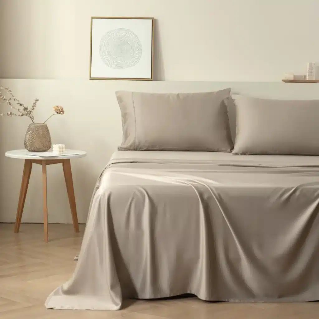 Luxurious beige bed set with pillows, wooden nightstand, and minimalist decor in a cozy, serene bedroom setting.