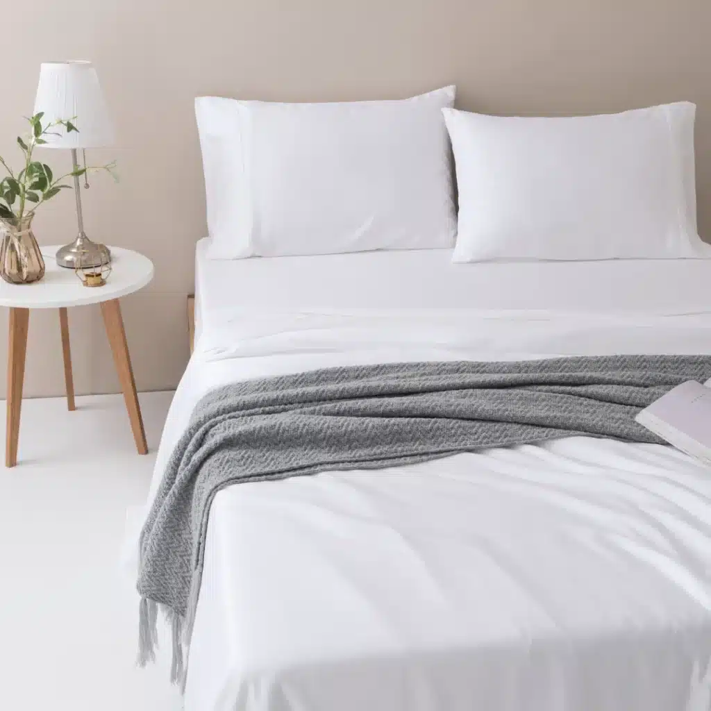Modern bedroom setup with white sheets, gray throw blanket, and bedside table lamp, promoting comfort and style.