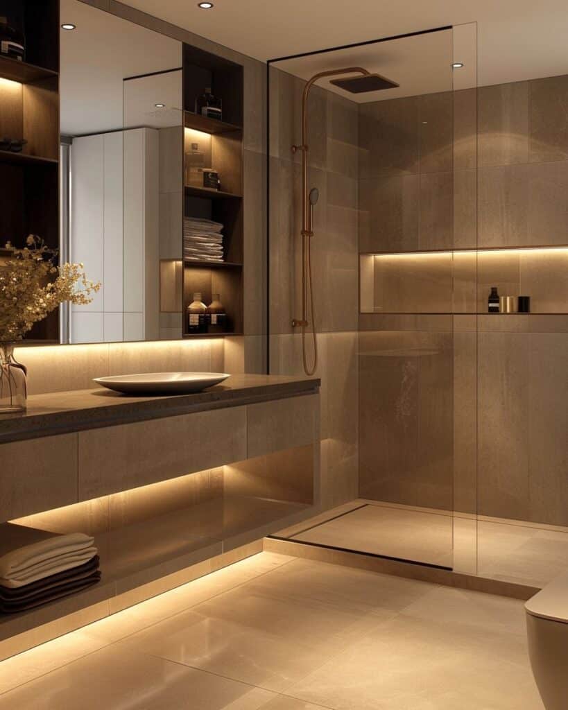Modern bathroom with glass shower, sleek vanity, warm lighting, and elegant stone tiles.