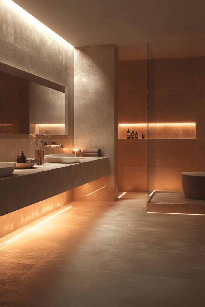 Modern bathroom with warm lighting, sleek fixtures, large mirror, vessel sinks, and elegant shower area.