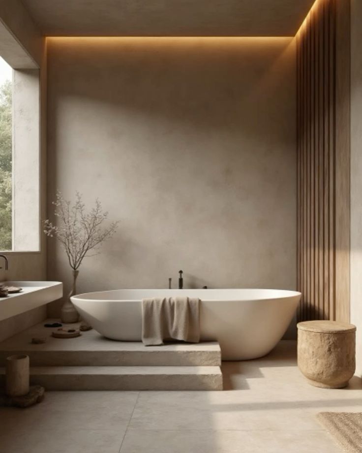 Minimalist bathroom with a white bathtub, soft lighting, earthy tones, and modern decor.