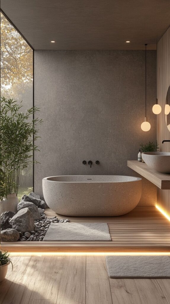 Modern bathroom with a stone bathtub, wooden floor, large window, and plants; serene and stylish interior design.