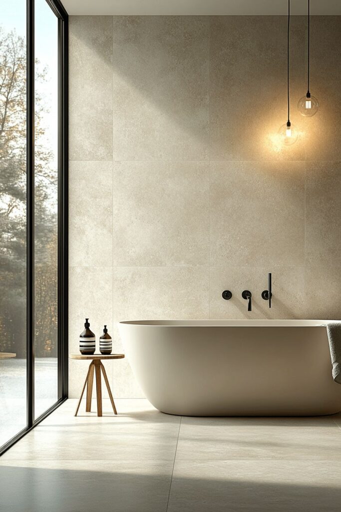Modern bathroom with freestanding tub, floor-to-ceiling window, and minimalist decor. Warm lighting enhances serenity.