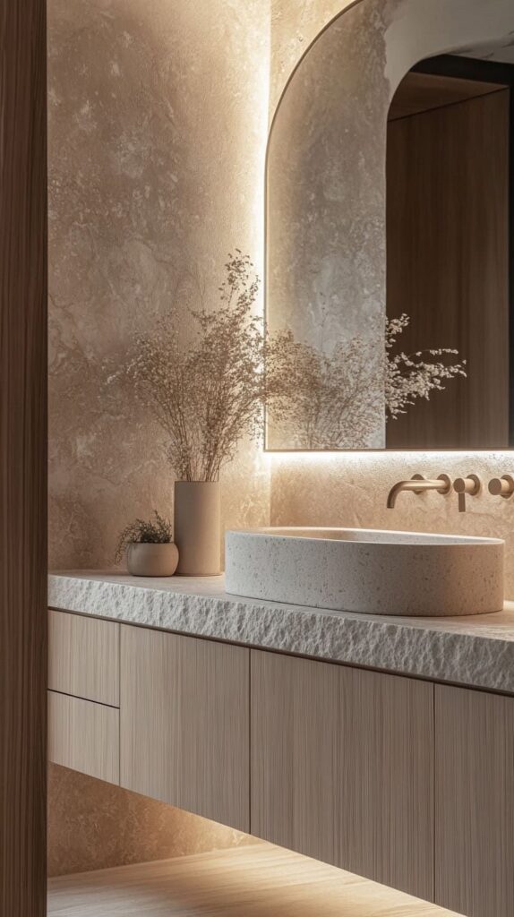 Elegant modern bathroom with stone basin and backlit mirror, beige textured walls, and minimalist decor.