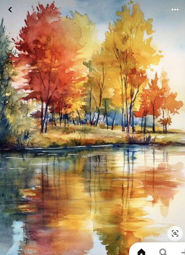 Watercolor painting of vibrant autumn trees reflected in a tranquil lake under a clear blue sky.