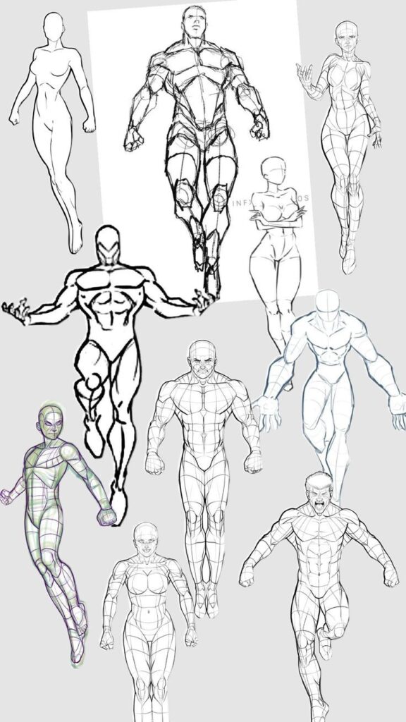 Dynamic comic book character anatomy sketches, showcasing various poses and muscle structures in pencil and ink.