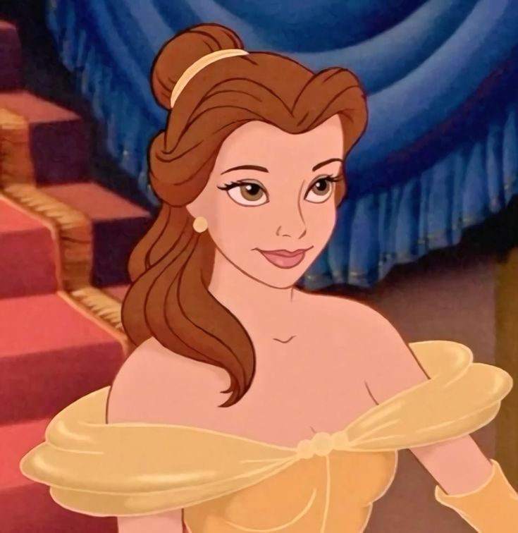 Animated princess in an elegant yellow gown, smiling warmly, with brown hair styled in a bun. Disney
