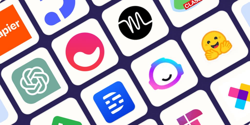 Array of AI tool icons on a digital grid, featuring colorful and diverse logos for various applications.