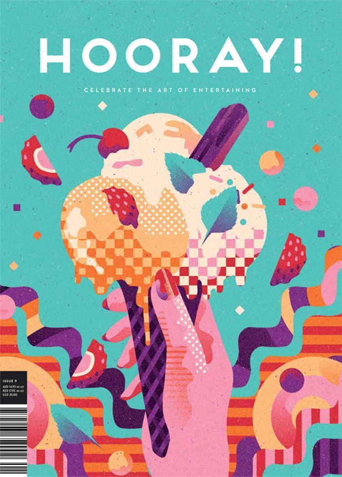 Colorful hand-drawn ice cream cone with fruity toppings and abstract background on a magazine cover titled Hooray!.