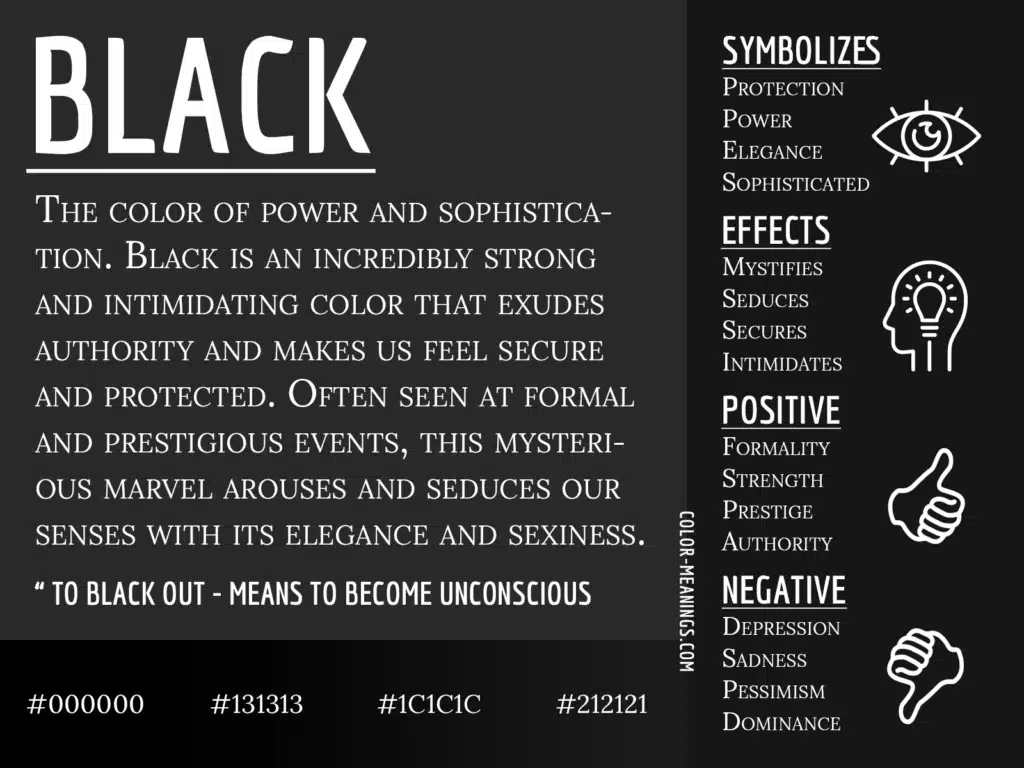Infographic on black color symbolism: power, elegance, formal events; effects include mystification and intimidation.