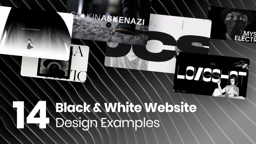 Collection of 14 black and white website design examples on a striped background for creative inspiration.