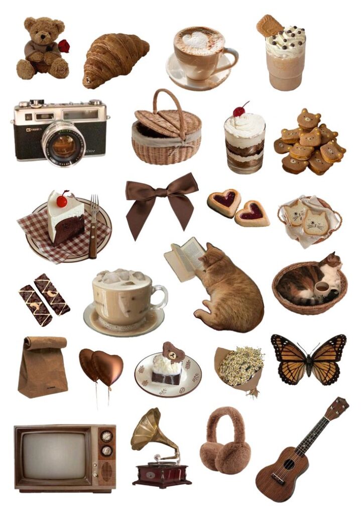 Collage of cozy items: teddy bear, croissant, camera, coffee, cat, butterfly, vintage TV, and more. Cozy vibe collection.