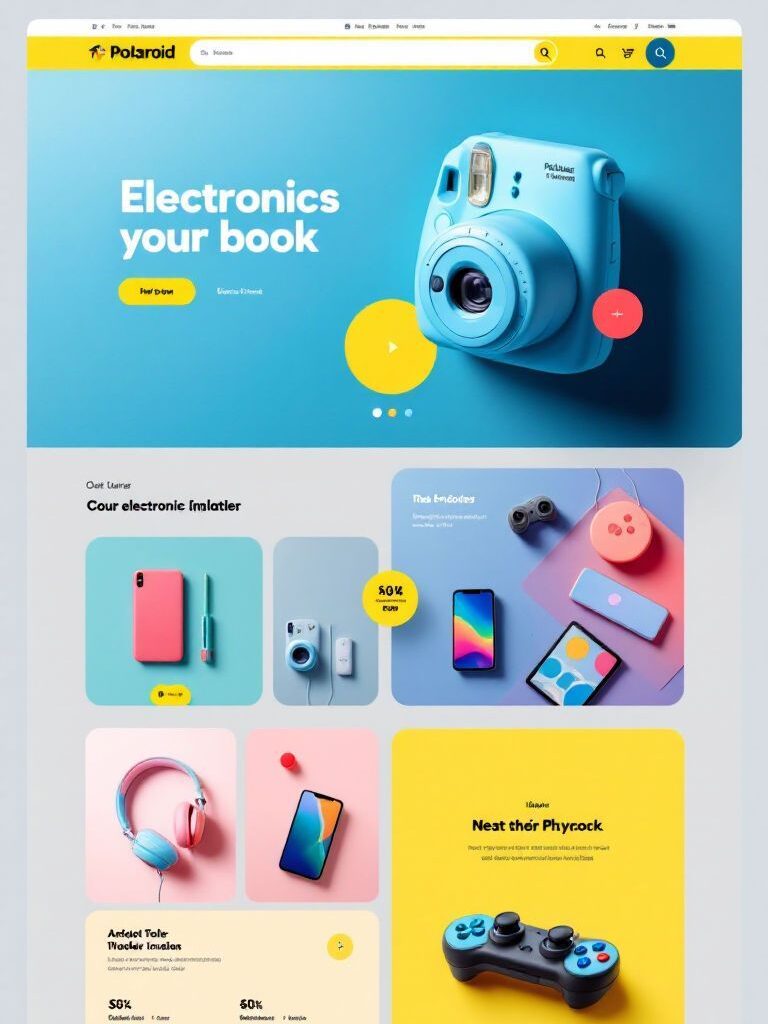 Colorful online electronics store homepage featuring a blue Polaroid camera and various gadgets.