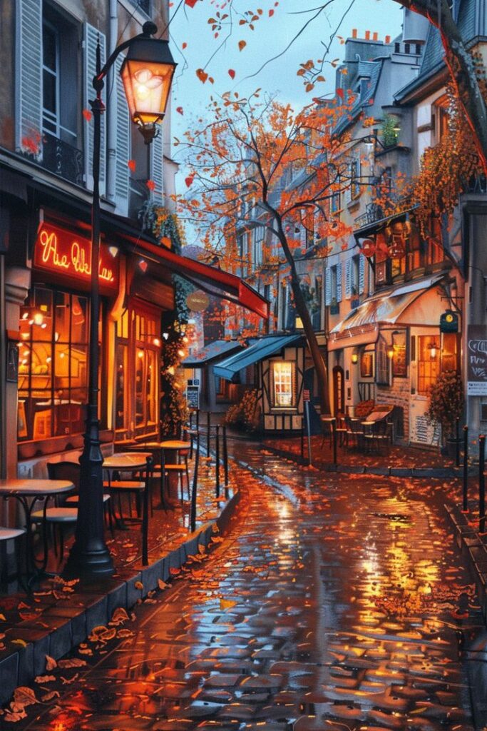 Charming Paris street at dusk with vibrant café lights and autumn leaves on a cobblestone path.