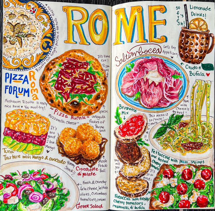 Colorful sketched menu of Italian dishes in Rome, featuring pizza, risotto, and refreshing lemonade.