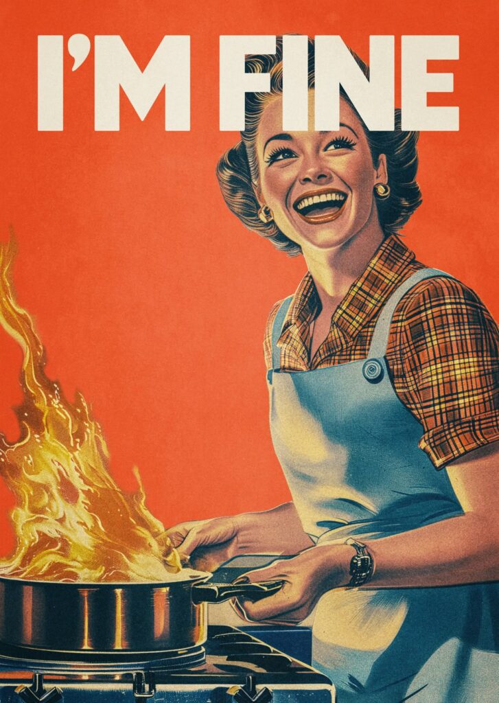 Vintage woman smiling while cooking with a flaming pan, captioned I'M FINE on retro orange background.