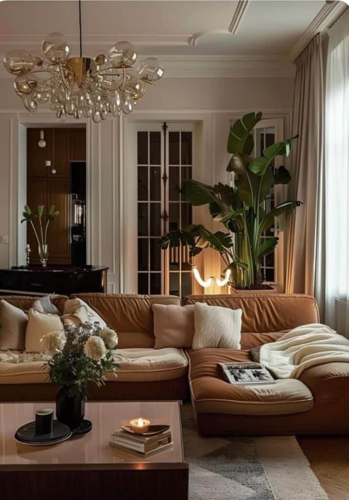 Cozy living room with a brown sofa, lush plants, soft lighting, and elegant chandelier creating a warm, inviting space.