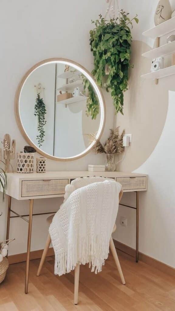 Minimalistic vanity setup with round mirror, hanging plant, and cozy throw on chair in a light, elegant room.