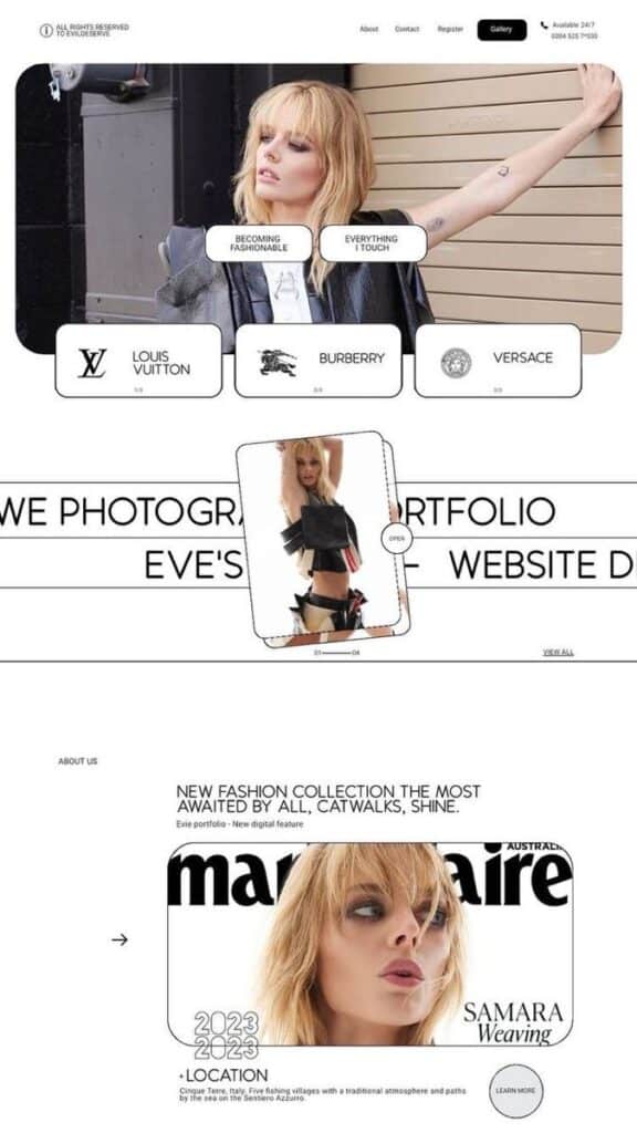Fashion website featuring models, luxury brands like Louis Vuitton, Burberry, Versace, and modern design elements.