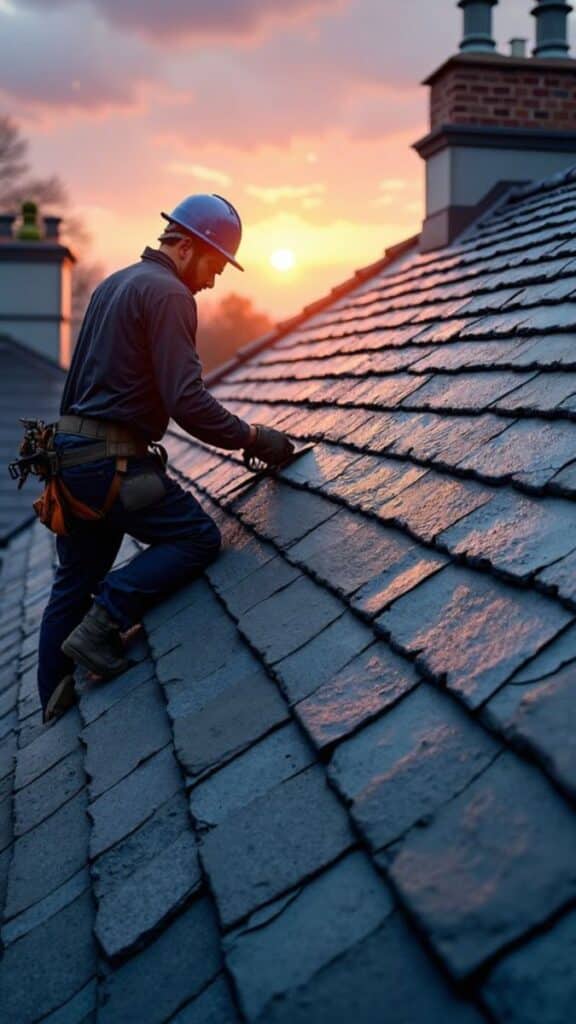 Roofer working on slate roof at sunset, ensuring quality craftsmanship and safety.