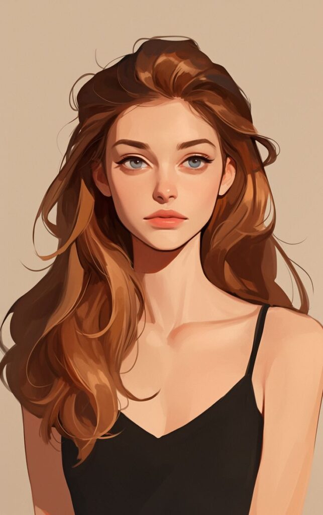 Portrait of a woman with long brown hair in a black top, featuring captivating eyes and a neutral background.