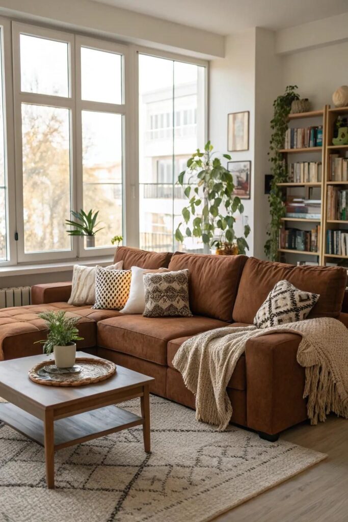 Cozy living room with brown sofa, pillows, and plants by a sunny window. Bookshelf adds charm and warmth.