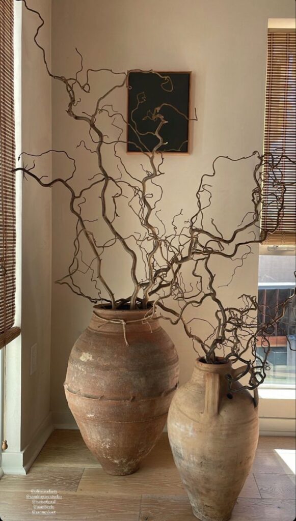 Two tall clay vases with twisted branches in a sunlit room, enhancing natural decor and rustic charm.