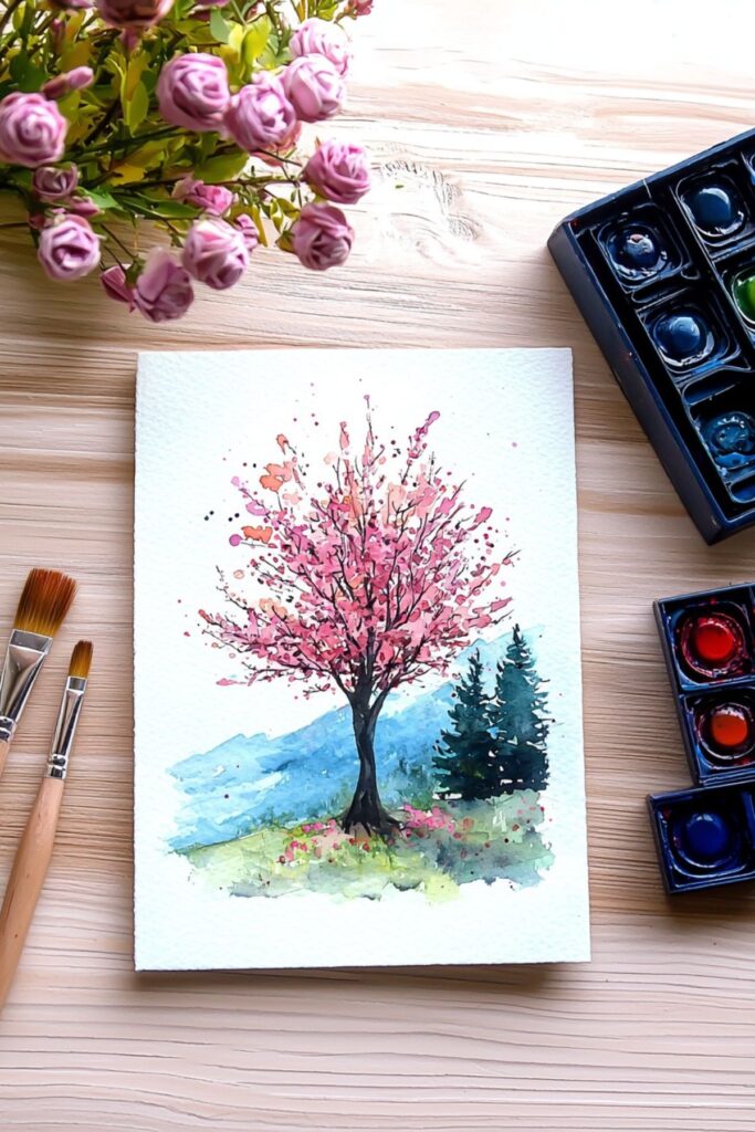 c897fee5adea73a920fe48ee8a39fe44 Watercolor painting of a pink tree with flowers, surrounded by art supplies and brushes on a wooden table. | Sky Rye Design Watercolor painting of a pink tree with flowers, surrounded by art supplies and brushes on a wooden table.