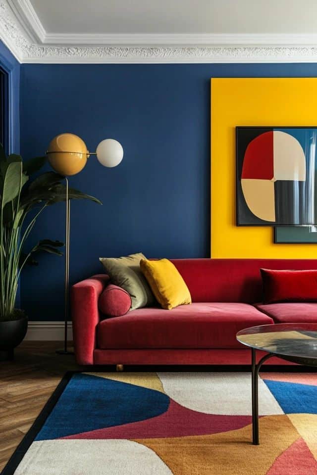 Modern living room with red sofa, colorful abstract art, blue walls, and vibrant decor accents.
