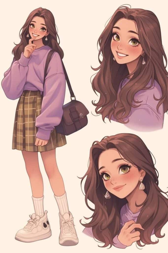 Anime girl in purple sweater and plaid skirt with handbag, smiling and posing. Cute fashion illustration.